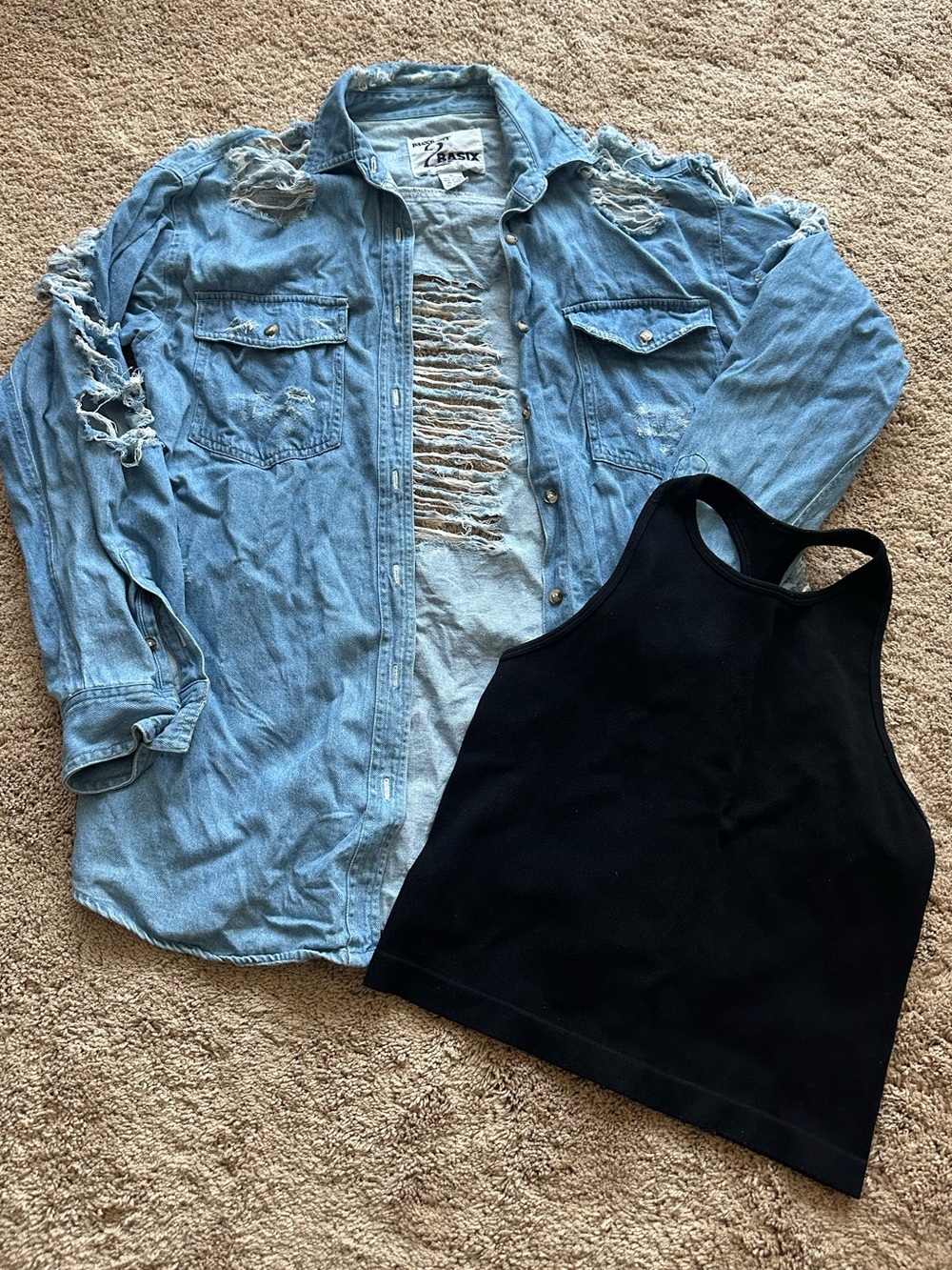 Distressed Light Blue Denim Shirt and Free People Hailey Racerback tank top